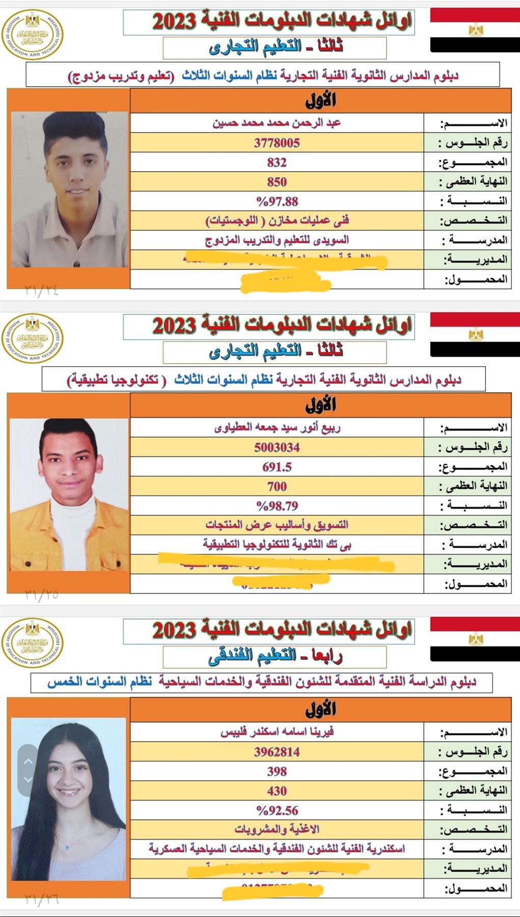 أوائل الدبلومات الفنية 2023