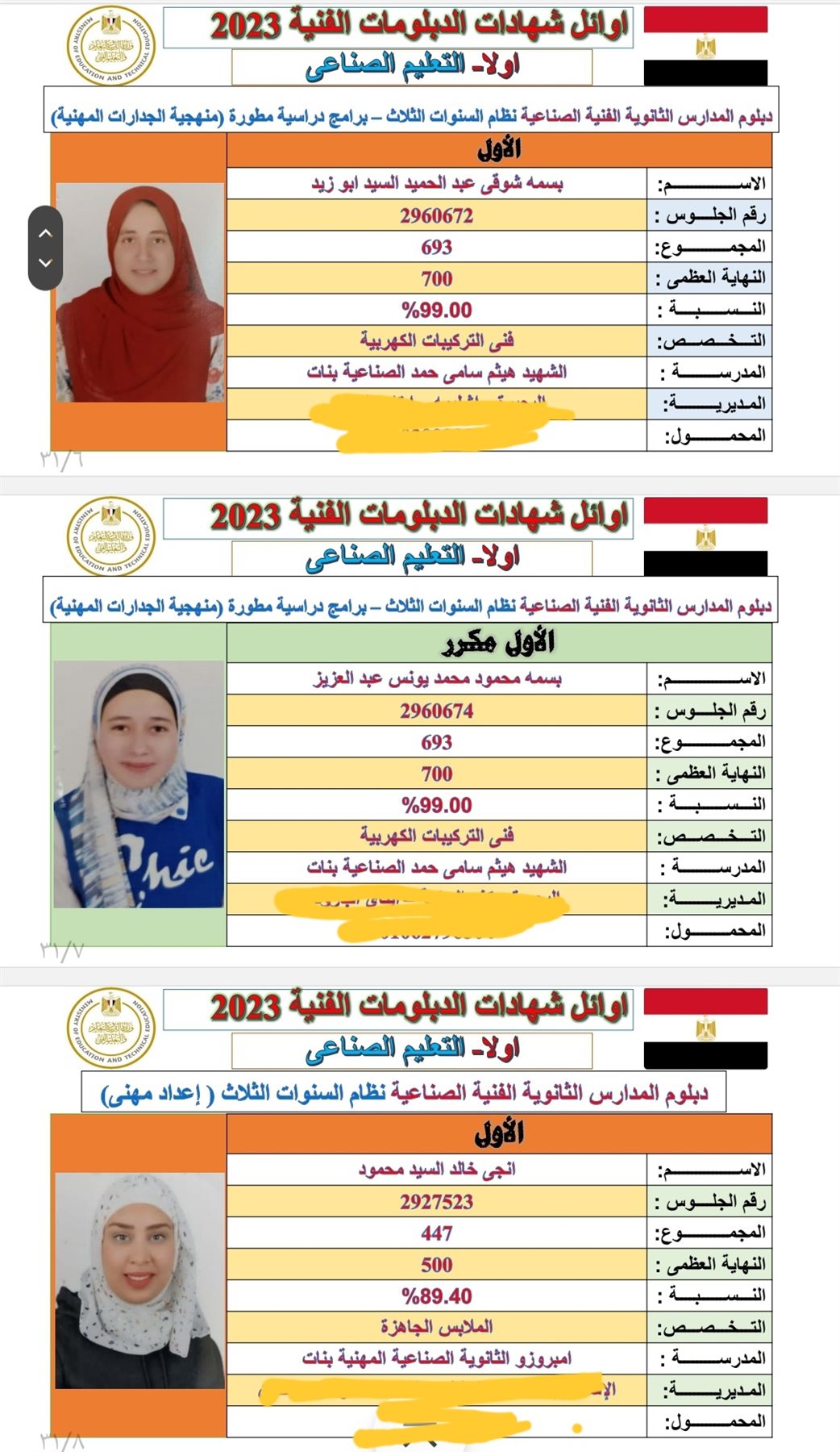 أوائل الدبلومات الفنية 2023