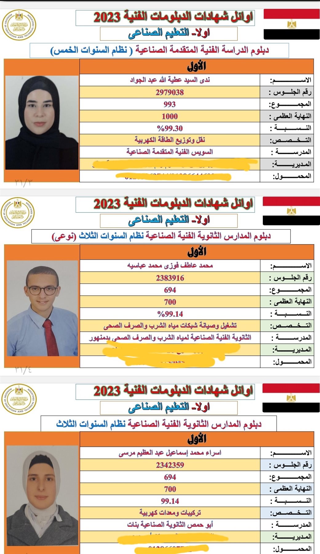 أوائل الدبلومات الفنية 2023