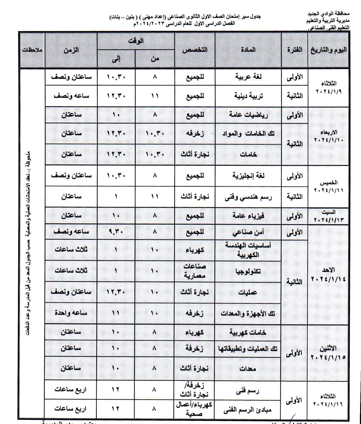 جداول امتحانات محافظة الوادي الجديد