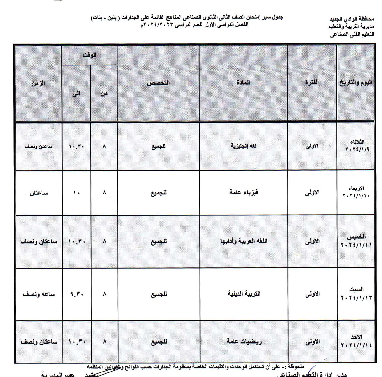 جداول امتحانات محافظة الوادي الجديد