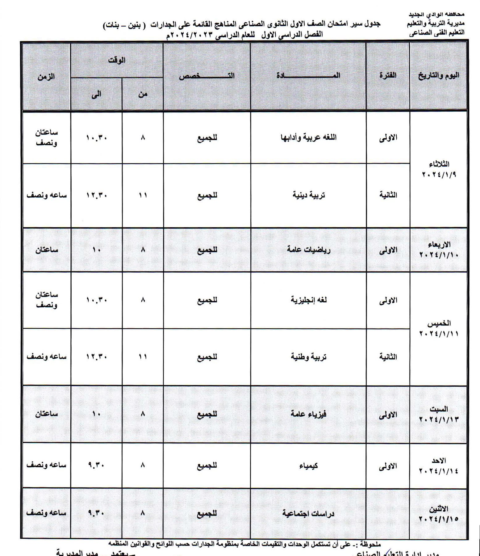 جداول امتحانات محافظة الوادي الجديد