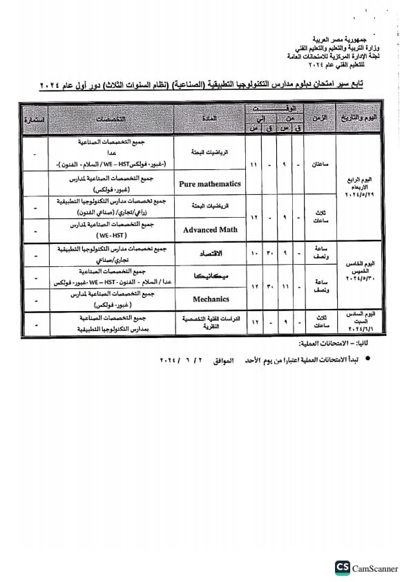 جدول امتحانات الدبلومات الفنية 2024 