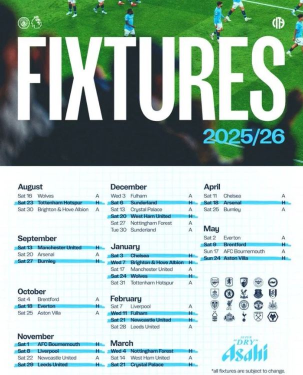 جدول مباريات مانشستر سيتي في الموسم الجديد بالدوري الإنجليزي