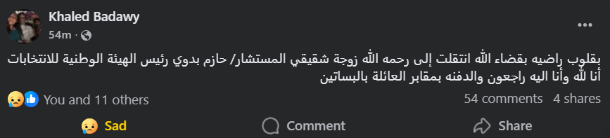 وفاة زوجة المستشار حازم بدوي رئيس الهيئة الوطنية للانتخابات