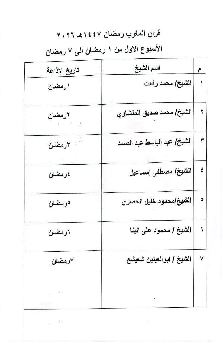 جدول القراء في أول أسبوع من رمضان&nbsp;