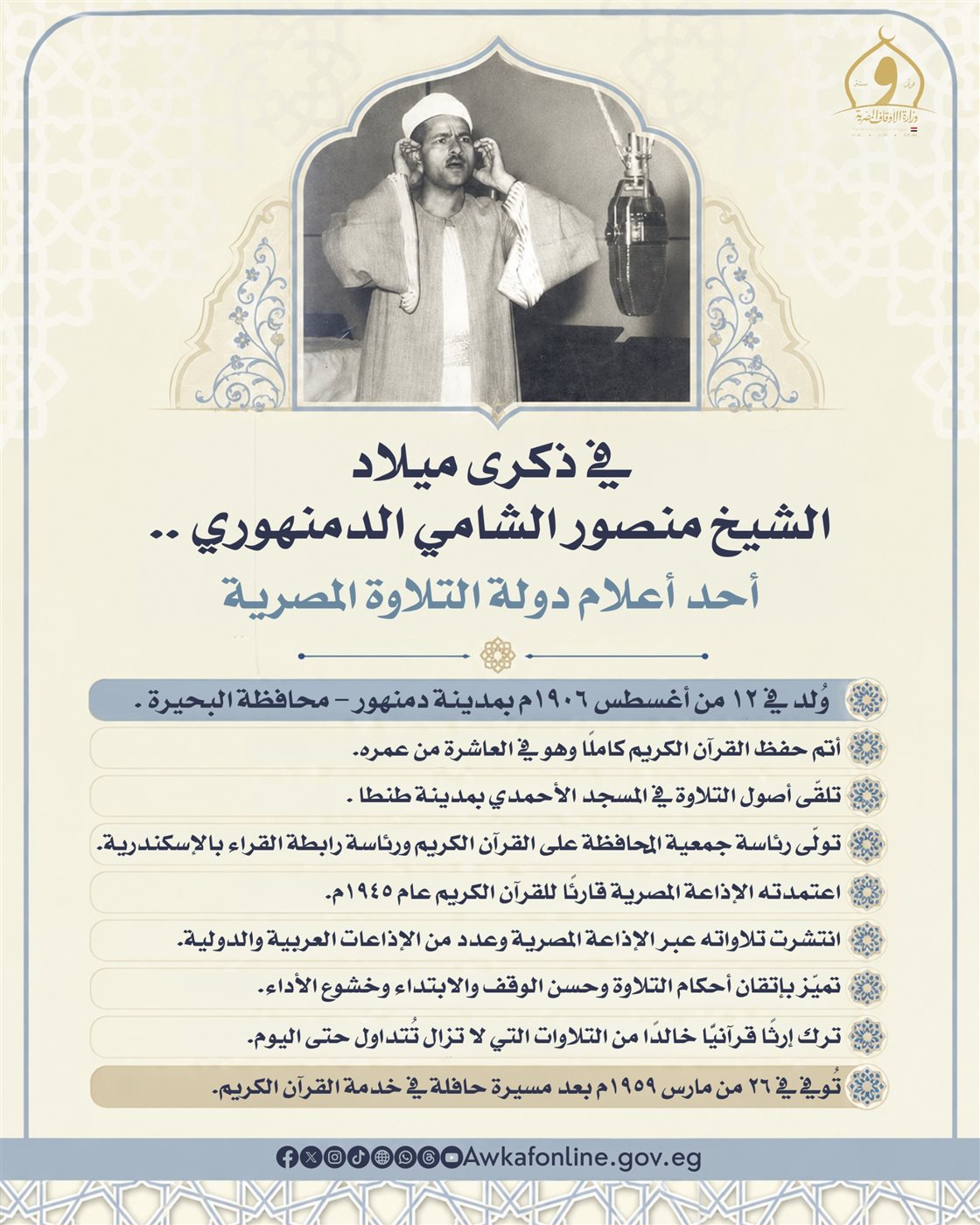 الأوقاف تُحيي ذكرى ميلاد القارئ الشيخ منصور الشامي الدمنهوري.. أحد أعلام دولة التلاوة