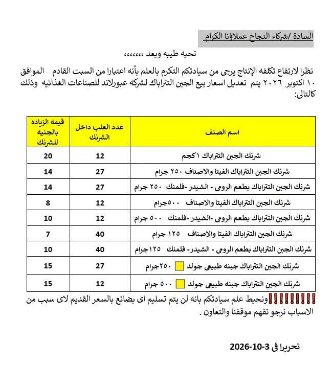 عبور لاند تعلن زيادة أسعار الجبن التتراباك بدءًا من 10 أكتوبر