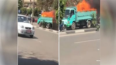 سيارة نقل تسير مشتعلة على كوبري التجنيد والسائق يتحول إلى بطل