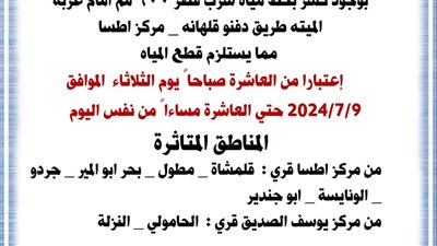 غداً.. قطع المياه عن قرى اطسا ويوسف الصديق بالفيوم