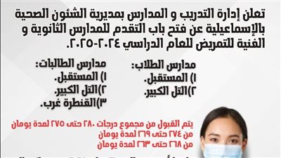 الأحد.. بدء استقبال طلبات مدارس التمريض بالإسماعيلية 