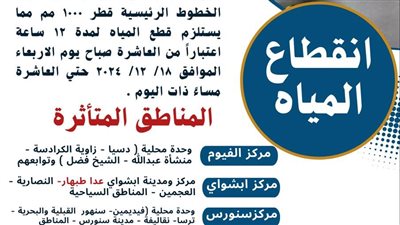 غدا: قطع المياه عن قرى ومراكز الفيوم لمدة 12 ساعة