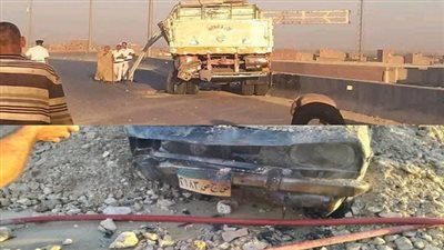 انقلاب سيارة نقل صخور يسحق سيارة ملاكي بطريق الهضبة غرب أسيوط