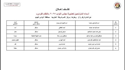 الوطنية للانتخابات تكشف القائمة المبدئية لمرشحي الفردي بمحافظة الوادي الجديد