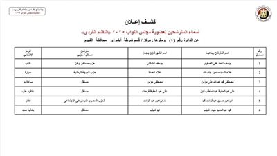 الوطنية للانتخابات تعلن القائمة المبدئية لمرشحي الفردي في انتخابات النواب بالفيوم