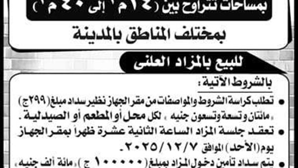 جهاز مدينة العبور يعلن مزاد علني لبيع وحدات تجارية  