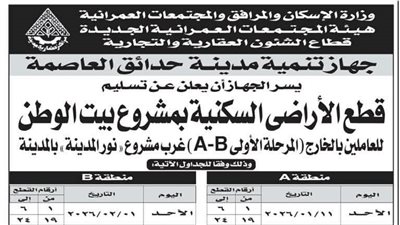 مواعيد تسليم قطع الأراضى السكنية بمشروع بيت الوطن للعاملين بالخارج