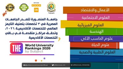جامعة المنصورة تتصدر الجامعات المصرية في 3تخصصات بتصنيف التايمز العالمي للتخصصات الأكاديمية 