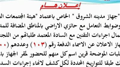 جهاز الشروق يعلن اسماء أصحاب طلبات تقنين الأراضي في المدينة