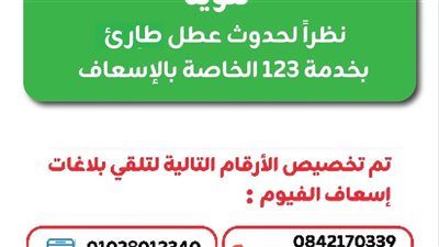 عطل مفاجئ يضرب الخط الساخن 123 بالفيوم.. والإسعاف تعلن أرقامًا بديلة للطوارئ