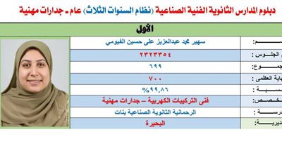بنت الرحمانية تتألق.. سهير الفيومي الأولى على الدبلومات الفنية بالبحيرة بنسبة 99.86%