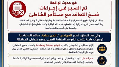 بعد مصرع سيدة في شاطئ غرب الإسكندرية.. «المحافظة» تتحرك: فسخ تعاقد الشاطئ وتشديد فحص العاملين